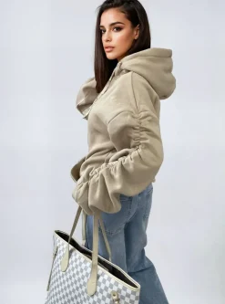 Beige Carla Ruched Sleeve Oversized Hoodie with Front Pouch Pocket<IKRUSH Fashion