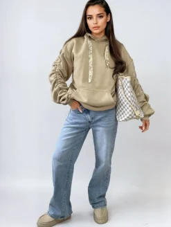 Beige Carla Ruched Sleeve Oversized Hoodie with Front Pouch Pocket<IKRUSH Fashion