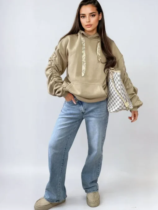 Beige Carla Ruched Sleeve Oversized Hoodie with Front Pouch Pocket<IKRUSH Fashion