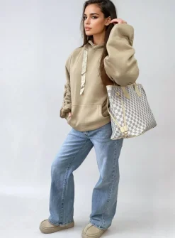 Beige Carla Ruched Sleeve Oversized Hoodie with Front Pouch Pocket<IKRUSH Fashion