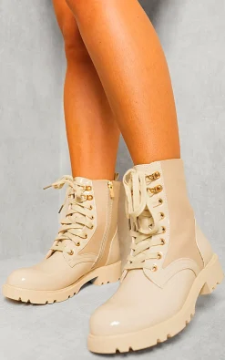 Beige Carly Platform Lace Up Chunky Boots<IKRUSH Fashion
