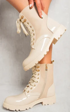 Beige Carly Platform Lace Up Chunky Boots<IKRUSH Fashion