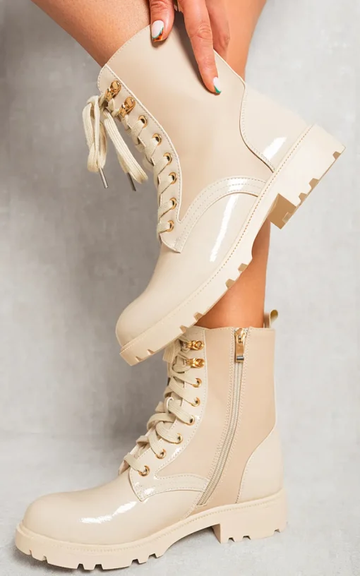 Beige Carly Platform Lace Up Chunky Boots<IKRUSH Fashion