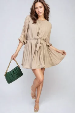 Beige Carmen Pleated Tie Waist Mini Dress<IKRUSH Clearance