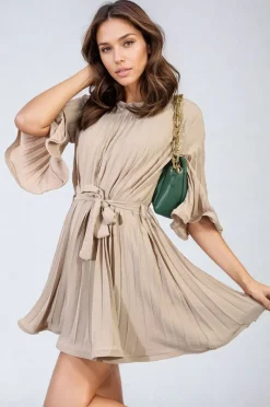 Beige Carmen Pleated Tie Waist Mini Dress<IKRUSH Clearance