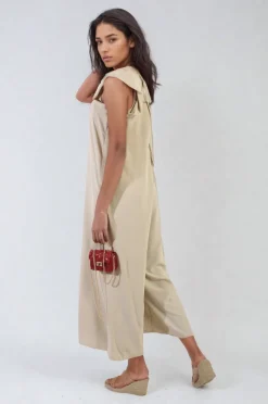 Beige Cecelia Ruffle Sleeve V-Neck Loose Waist Wide Leg Jumpsuit<IKRUSH New