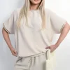 Beige Celia Shiny Trim Short-Sleeved Top<IKRUSH Online