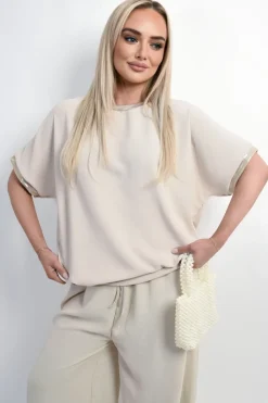 Beige Celia Shiny Trim Short-Sleeved Top<IKRUSH Online