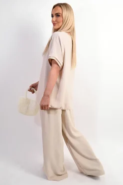 Beige Celia Shiny Trim Short-Sleeved Top<IKRUSH Online