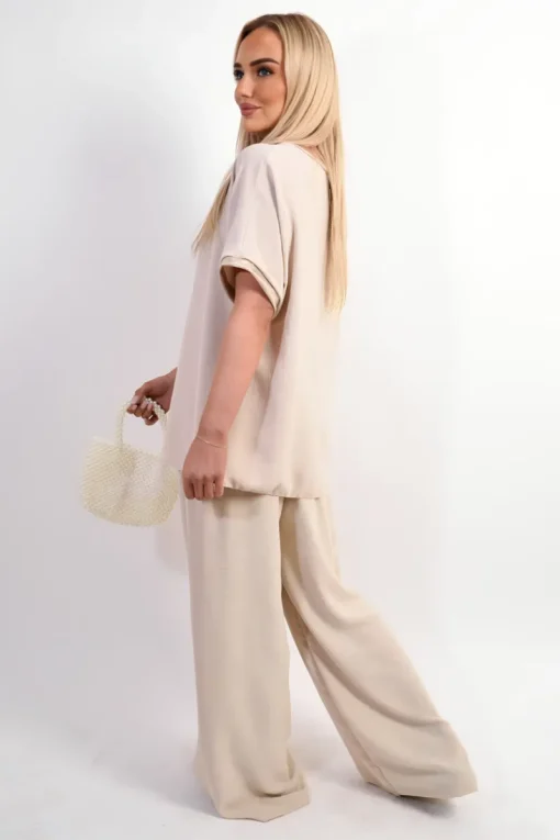 Beige Celia Shiny Trim Short-Sleeved Top<IKRUSH Online
