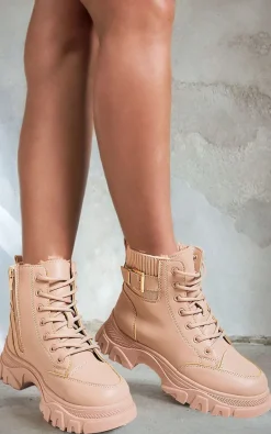 Beige Clarissa Chunky Lace Up Platform Ankle Boots<IKRUSH Sale