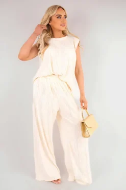 Beige Corah Textured Frill Sleeve Top & Wide Leg Trouser Co-ord Set<IKRUSH Discount