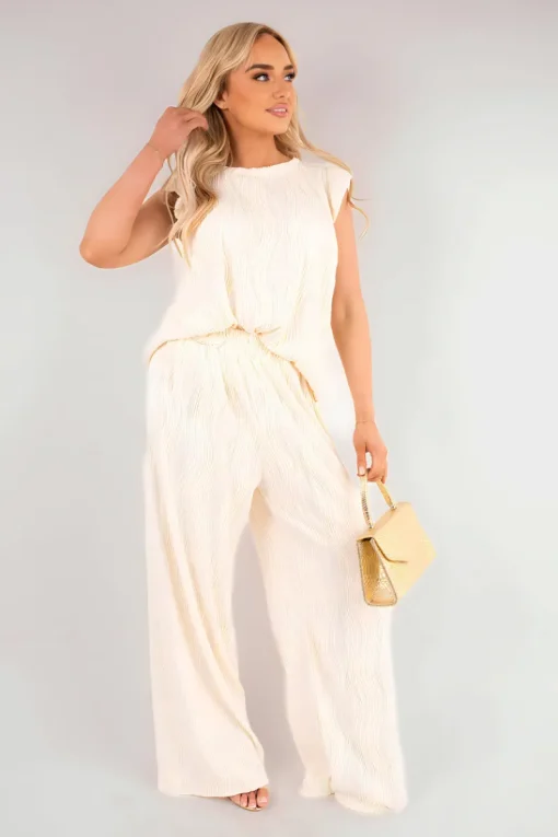 Beige Corah Textured Frill Sleeve Top & Wide Leg Trouser Co-ord Set<IKRUSH Discount