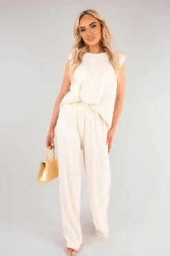 Beige Corah Textured Frill Sleeve Top & Wide Leg Trouser Co-ord Set<IKRUSH Discount