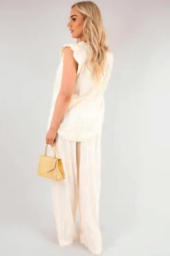 Beige Corah Textured Frill Sleeve Top & Wide Leg Trouser Co-ord Set<IKRUSH Discount