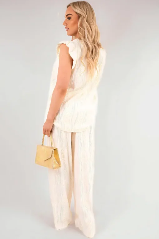 Beige Corah Textured Frill Sleeve Top & Wide Leg Trouser Co-ord Set<IKRUSH Discount