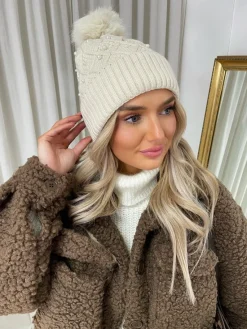 Beige Corina Pom Pom Knitted Winter Hat With Pearl Decor<IKRUSH Hot