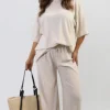 Beige Daniela Ribbed Oversized Top and Drawstring Wide Leg Trouser Co-ord Set<IKRUSH Clearance