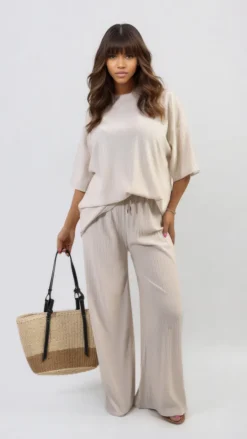 Beige Daniela Ribbed Oversized Top and Drawstring Wide Leg Trouser Co-ord Set<IKRUSH Clearance