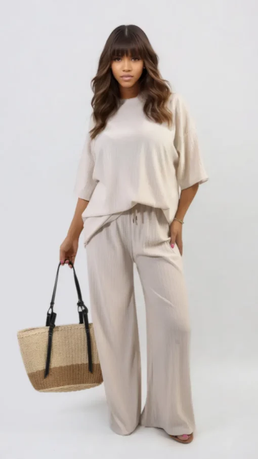 Beige Daniela Ribbed Oversized Top and Drawstring Wide Leg Trouser Co-ord Set<IKRUSH Clearance