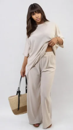 Beige Daniela Ribbed Oversized Top and Drawstring Wide Leg Trouser Co-ord Set<IKRUSH Clearance