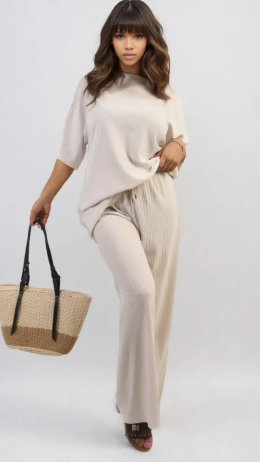 Beige Daniela Ribbed Oversized Top and Drawstring Wide Leg Trouser Co-ord Set<IKRUSH Clearance