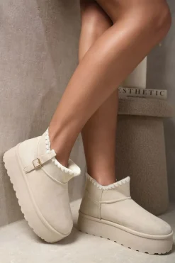 Beige Debra Fur-lined Platform Ankle Boots<IKRUSH Best