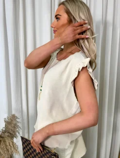 Beige Delilah Frill Short Sleeve Top with Free Necklace<IKRUSH Outlet