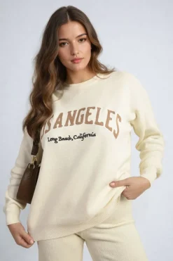 Beige Dorothy Los Angeles Graphic Long Sleeve Knitted Jumper<IKRUSH Outlet
