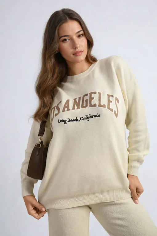 Beige Dorothy Los Angeles Graphic Long Sleeve Knitted Jumper<IKRUSH Outlet