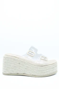 Beige Edna Double Buckle Transparent Straps Slip On Wedge Heels<IKRUSH Fashion