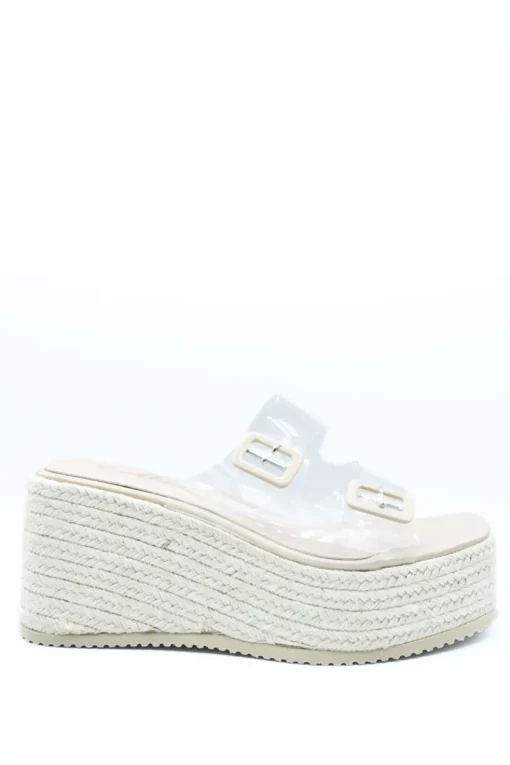 Beige Edna Double Buckle Transparent Straps Slip On Wedge Heels<IKRUSH Fashion