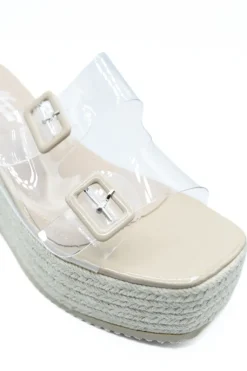Beige Edna Double Buckle Transparent Straps Slip On Wedge Heels<IKRUSH Fashion