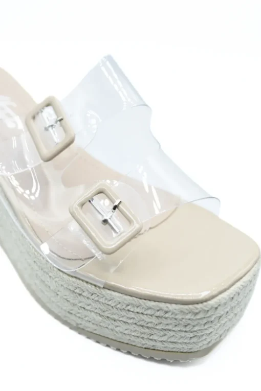 Beige Edna Double Buckle Transparent Straps Slip On Wedge Heels<IKRUSH Fashion