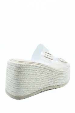 Beige Edna Double Buckle Transparent Straps Slip On Wedge Heels<IKRUSH Fashion