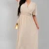 Beige Elsie Smocked Waist V Neck Short Sleeve Flowy Maxi Dress<IKRUSH Outlet