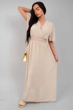 Beige Elsie Smocked Waist V Neck Short Sleeve Flowy Maxi Dress<IKRUSH Outlet