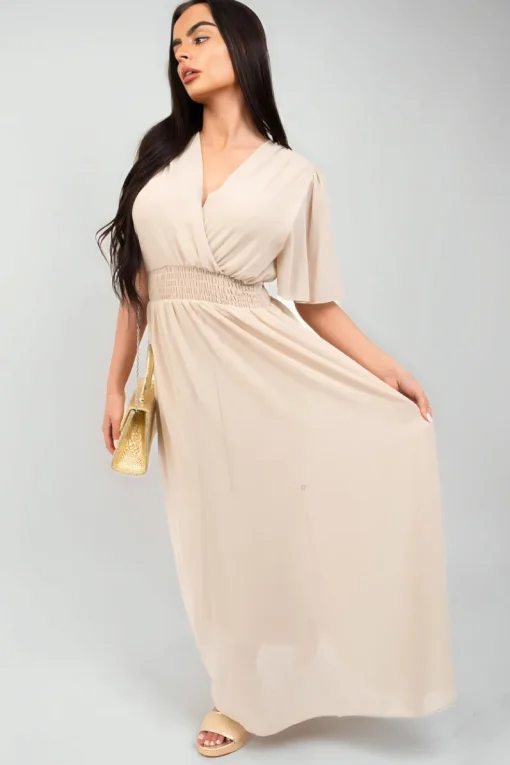 Beige Elsie Smocked Waist V Neck Short Sleeve Flowy Maxi Dress<IKRUSH Outlet