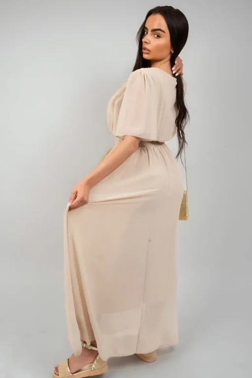 Beige Elsie Smocked Waist V Neck Short Sleeve Flowy Maxi Dress<IKRUSH Outlet