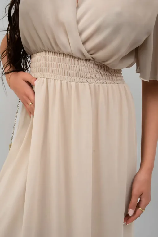 Beige Elsie Smocked Waist V Neck Short Sleeve Flowy Maxi Dress<IKRUSH Outlet