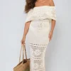 Beige Emelia Knit Crochet Off Shoulder Maxi Dress<IKRUSH Fashion