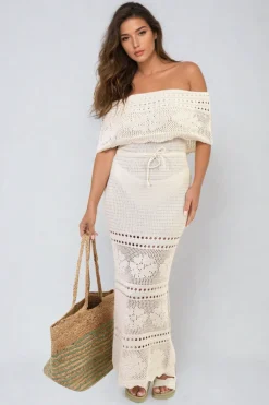 Beige Emelia Knit Crochet Off Shoulder Maxi Dress<IKRUSH Fashion