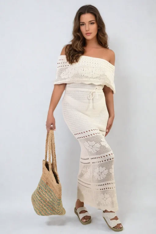 Beige Emelia Knit Crochet Off Shoulder Maxi Dress<IKRUSH Fashion