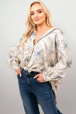 Beige Erin Floral Print Oversized Long Sleeve Button Down Top<IKRUSH New