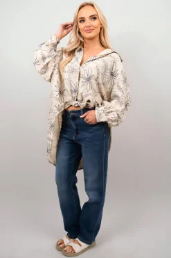 Beige Erin Floral Print Oversized Long Sleeve Button Down Top<IKRUSH New