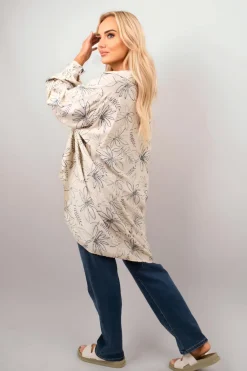 Beige Erin Floral Print Oversized Long Sleeve Button Down Top<IKRUSH New