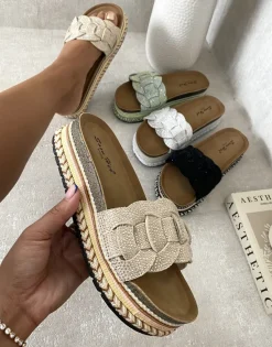 Beige Erin Open Toe Embellished Strap Slide Platform Sandals<IKRUSH Clearance