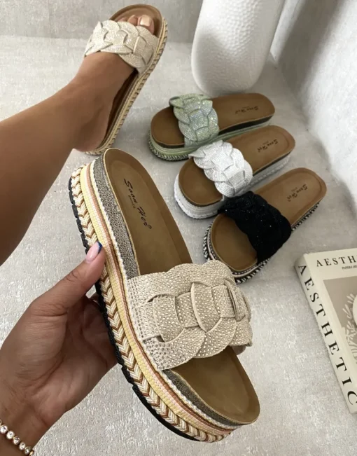 Beige Erin Open Toe Embellished Strap Slide Platform Sandals<IKRUSH Clearance