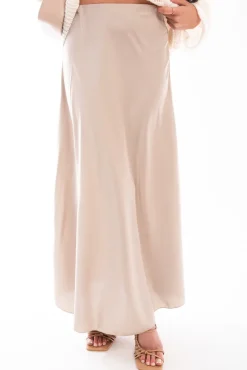 Beige Estella Lightweight High Waisted Maxi Skirt<IKRUSH New