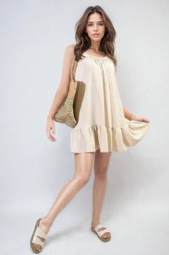 Beige Faye Backless Tie-up Spaghetti Strap Frill Hem Mini Dress<IKRUSH Sale